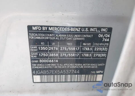 2005 Mercedes-Benz Ml 350 4Matic из США, поврежденный, VIN 4JGAB57EX5A537744